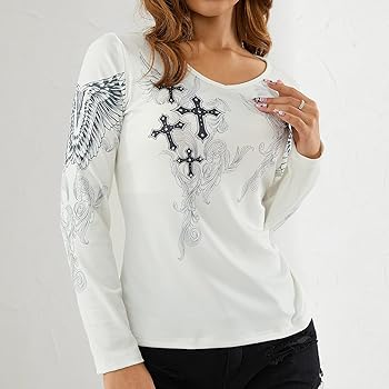 Women Print T-Shirt Y2k Round Neck Long Sleeve Shirt Tops